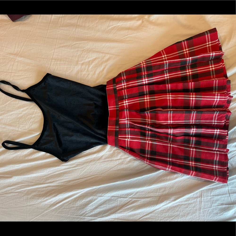Velvet bodysuit and red pleated skirt set